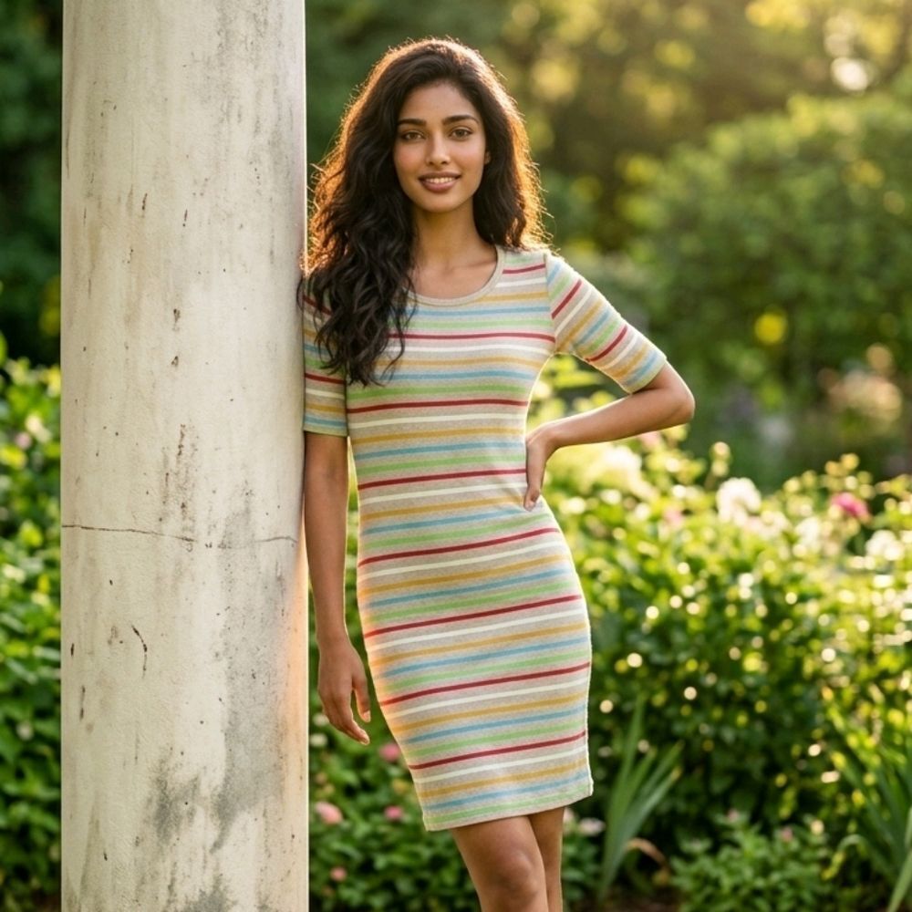 LuLaRoe Julia Dress Knit XXS Tan Striped Midi Knee Length Fitted Comfy Casual